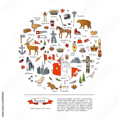 Hand drawn doodle Canada icons set Vector illustration isolated symbols collection of canadian symbols Cartoon elements: bear, map, flag, maple, beaver, deer, goose, totem pole, horse, hockey, poutine
