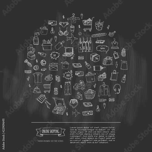 Hand drawn doodle set of Online shopping icons. Vector illustration set. Cartoon buying symbols. Sketchy elements collection: laptop, sale, food, grocery, clothing, cart, wallet, credit card, tag, bag