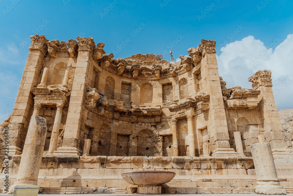 Ruins of the Nymphaeum in the Roman city of Gerasa (modern Jerash) in Jordan.