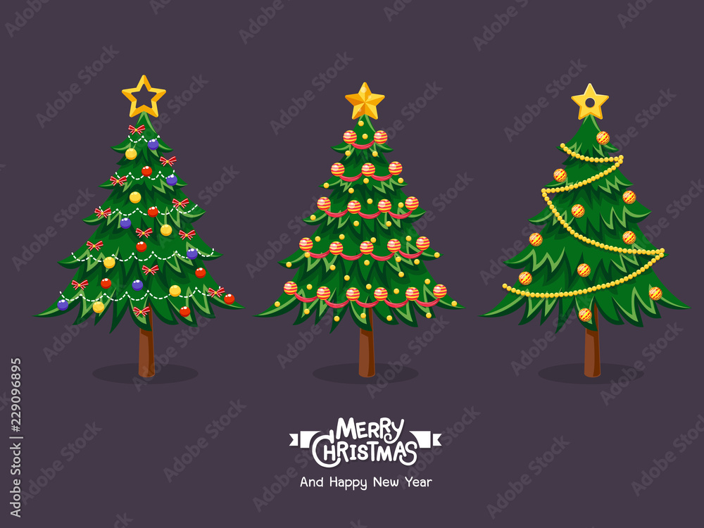 Collection of cartoon Christmas trees. Merry Christmas and happy new year for decorative element on holiday. Vector Illustration.