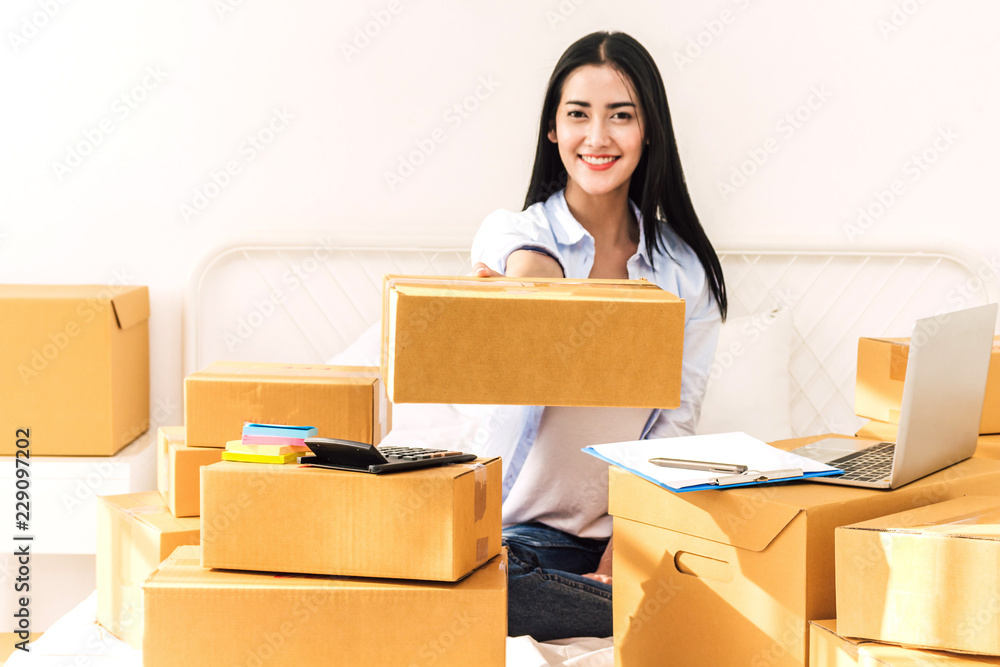 Young woman freelancer working and use laptop computer with cardboard box on bed at home - SME business online and delivery concept Young woman freelancer working and use laptop computer with cardboard box on bed at home - SME business online and delivery concept