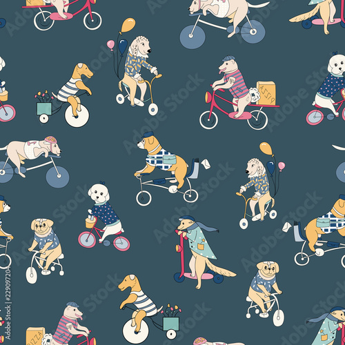 Dogs ride bicycles. Animals travel on business. Circus with dogs. Baby print for boys and girls.