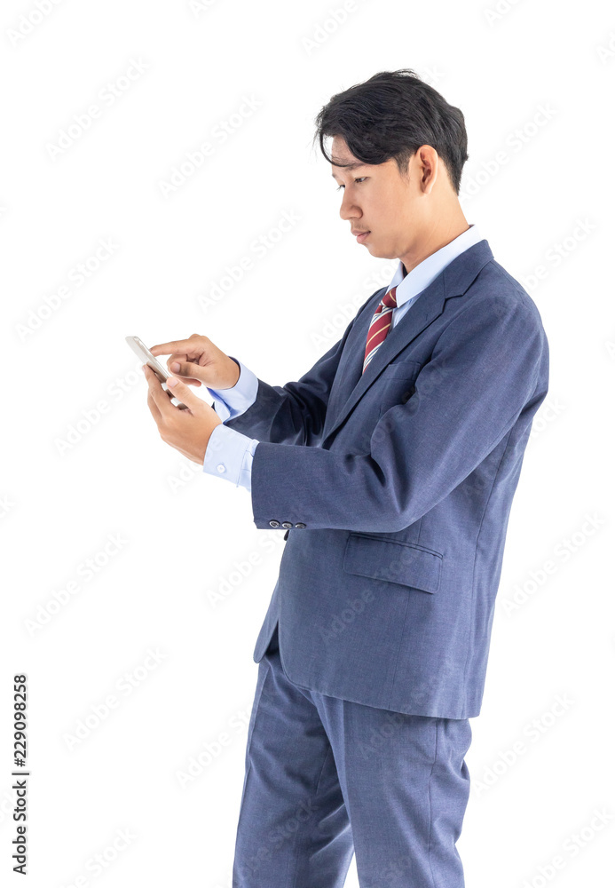 Business men portrait holding phone isolated on white Business men portrait holding phone isolated on white