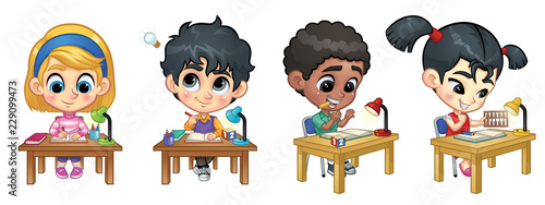 Set of Children Studying on Table: Writing and counting_Vector Illustration EPS 10
