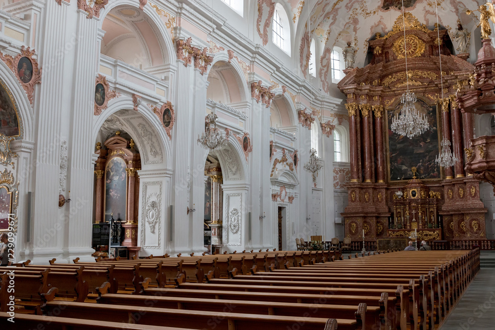 Lucerne, Switzerland - July 3, 2017: Interior of Jesuit Church in city center of Lucerne, Switzerland, Europe