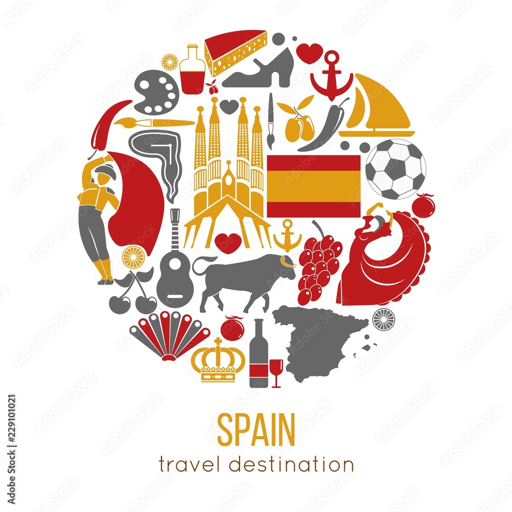 Spain travel destination promotional poster with customs vector illustrations
