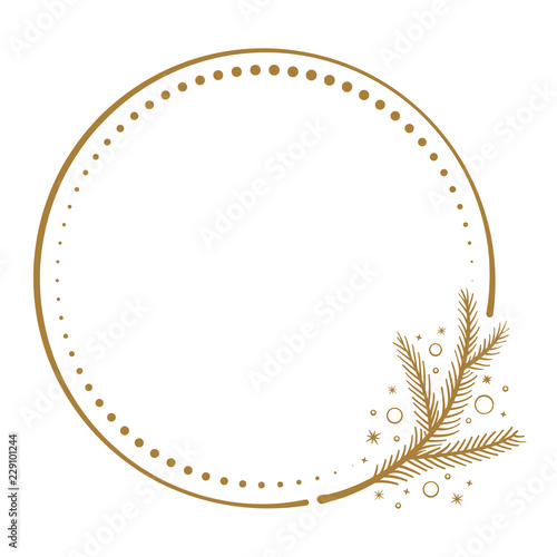 Vector round dotted frame whith Christmas tree brunch decorative element