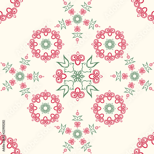 Beautiful Christmas seamless vector pattern design with wreaths, stars and snowflakes. Traditional holiday red and green colors on an off white background. For textiles, decorations and invitations