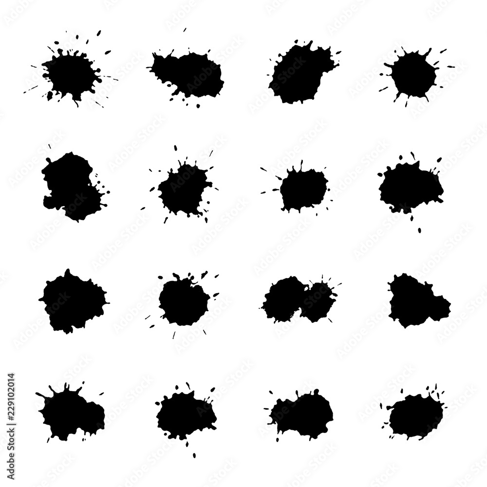 Set of 16 Black Abstract Drops, Watercolor Painted, Isolated on White Set of 16 Black Abstract Drops, Watercolor Painted, Isolated on White