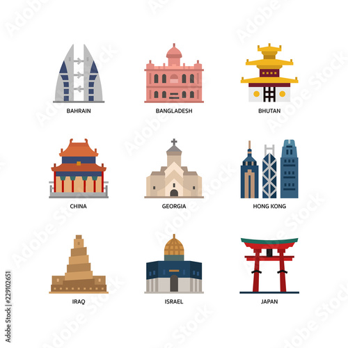 Asian cities and counties landmarks icons set 2