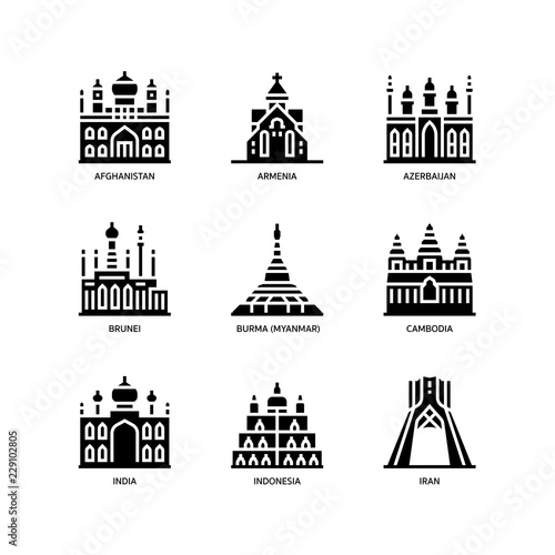 Asian cities and counties landmarks icons set 1
