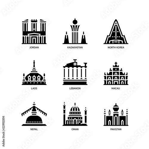 Asian cities and counties landmarks icons set 3