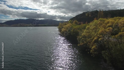 Autumn colours Lake Aviemore, Canterbury, New Zealand, aerial view photo