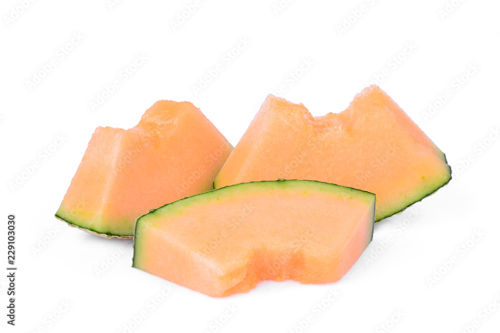 sliced japanese melons, orange melon or cantaloupe melon with seeds isolated on white background sliced japanese melons, orange melon or cantaloupe melon with seeds isolated on white background