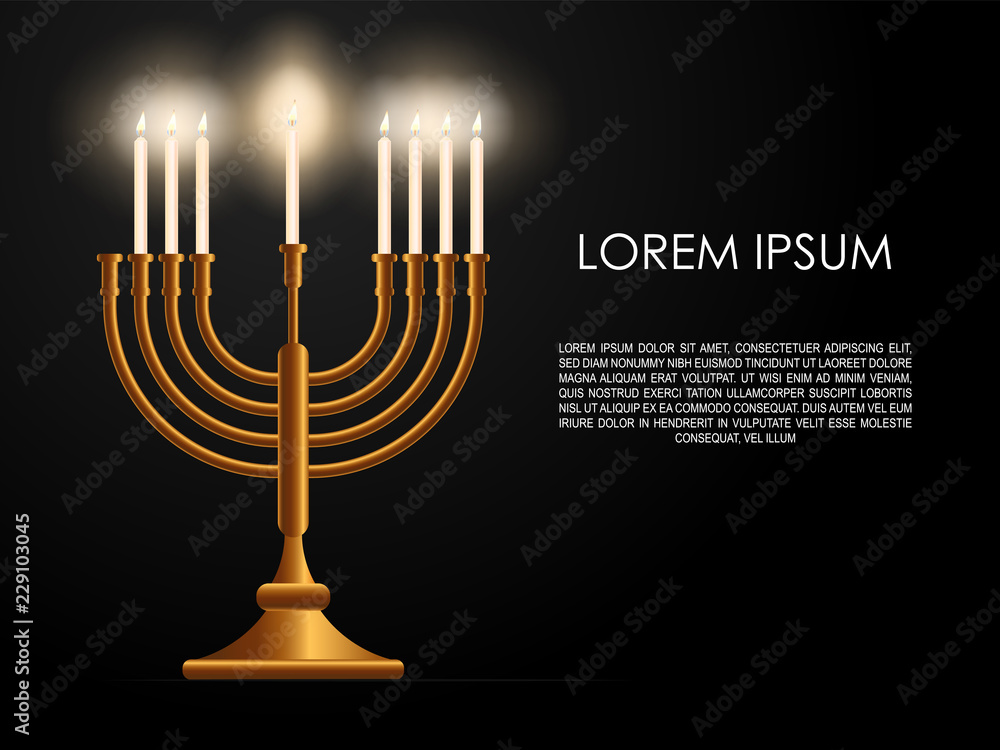 Jewish seventh day holiday Hanukkah background, realistic menorah (traditional candelabra), burning candles, blur effect. Religious holiday art, Happy Hanukkah Vector illustration Jewish seventh day holiday Hanukkah background, realistic menorah (traditional candelabra), burning candles, blur effect. Religious holiday art, Happy Hanukkah Vector illustration