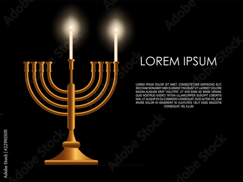 Jewish the first day holiday Hanukkah background, realistic menorah (traditional candelabra), burning candles, blur effect. Religious holiday art, Happy Hanukkah Vector illustration