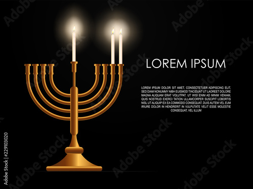 Jewish second day holiday Hanukkah background, realistic menorah (traditional candelabra), burning candles, blur effect. Religious holiday art, Happy Hanukkah Vector illustration