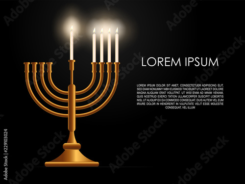 Jewish fourth day holiday Hanukkah background, realistic menorah (traditional candelabra), burning candles, blur effect. Religious holiday art, Happy Hanukkah Vector illustration