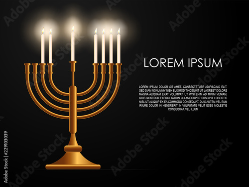 Jewish sixth day holiday Hanukkah background, realistic menorah (traditional candelabra), burning candles, blur effect. Religious holiday art, Happy Hanukkah Vector illustration.