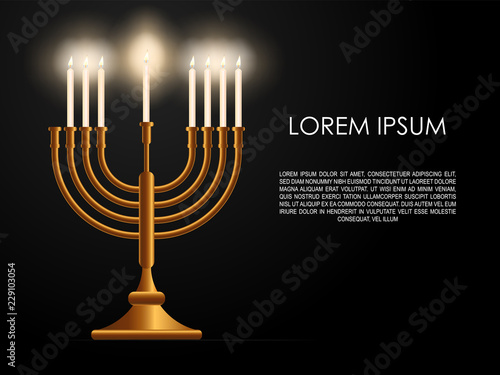 Jewish holiday Hanukkah background, realistic menorah (traditional candelabra), burning candles, blur effect. Religious holiday art, Happy Hanukkah Vector illustration.