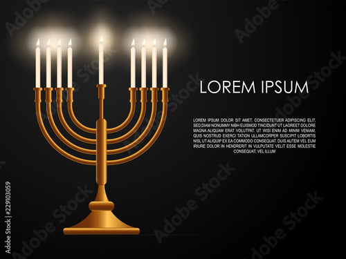 Jewish eighth day holiday Hanukkah background, realistic menorah (traditional candelabra), burning candles, blur effect. Religious holiday art, Happy Hanukkah Vector illustration