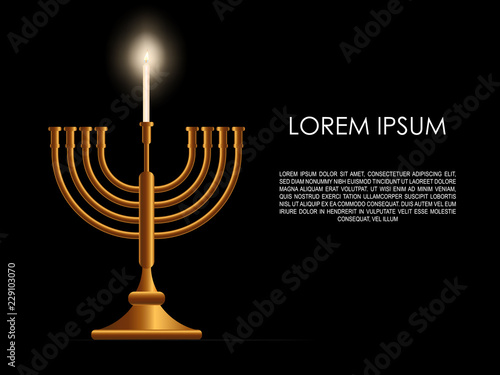 Jewish holiday Hanukkah background, realistic menorah (traditional candelabra), ner shamash burning candle, blur effect. Religious holiday art, Happy Hanukkah Vector illustration