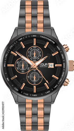 Realistic watch clock chronograph steel grey copper on white background luxury vector illustration.