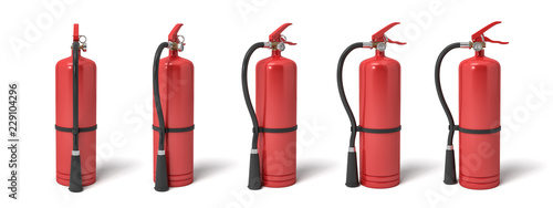 3d rendering of six red fire extinguishers standing on a white background in different angles.