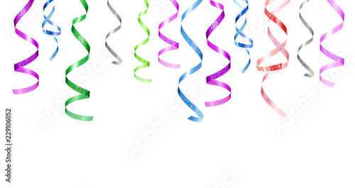 Party serpentine isolated on white background. Yellow, green, red, silver, gold and blue hanging curling ribbons as decor elements.