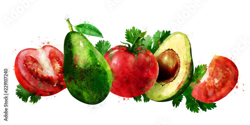 Fototapeta Naklejka Na Ścianę i Meble -  Avocado and tomato on white background. Watercolor illustration