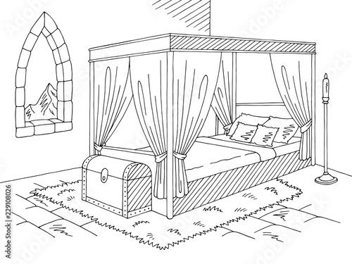 Castle interior bedroom graphic black white medieval sketch illustration vector