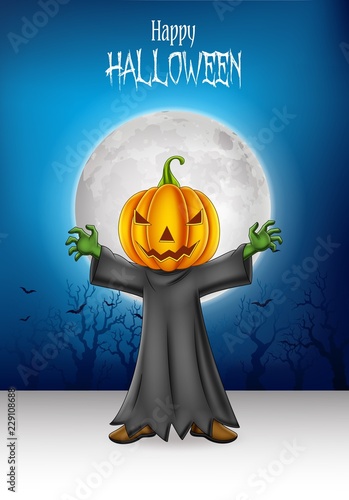 Cartoon kid wearing Halloween pumpkin costume with Halloween background
