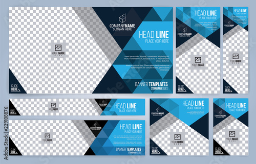 Blue and Black Web banners templates, standard sizes with space for photo, modern design photo