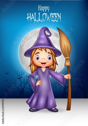 Cartoon little witch holding broomstick with halloween background