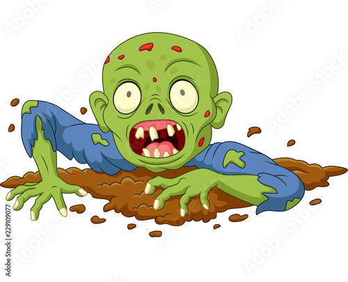 Cartoon zombie out of the ground isolated on white background
