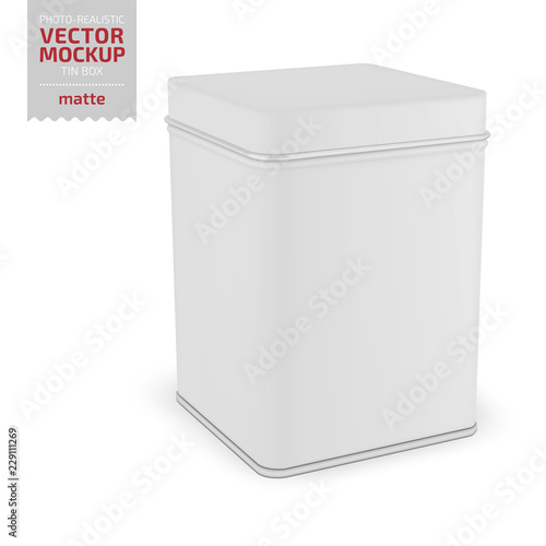 Square matte tin can template. Realistic vector.