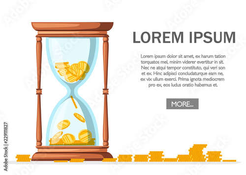Hourglass with coins. Classic design of timer sand. Wooden material. Saving money, banking design. Flat vector illustration on white background. Web site page and mobile app design