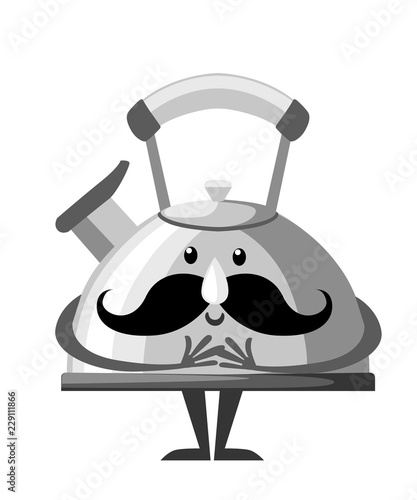 Metal teapot with mustache. Kettle mascot. Cartoon character design. Flat vector illustration isolated on white background