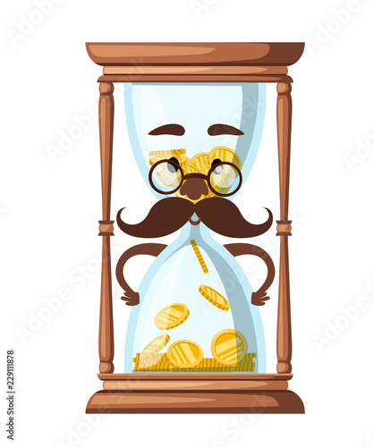 Hourglass with coins. Hourglass mascot. Cartoon character design. Flat vector design isolated on white background