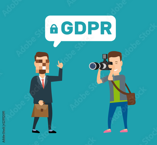 photographer shooting businessman with pixel face personal data protection concept