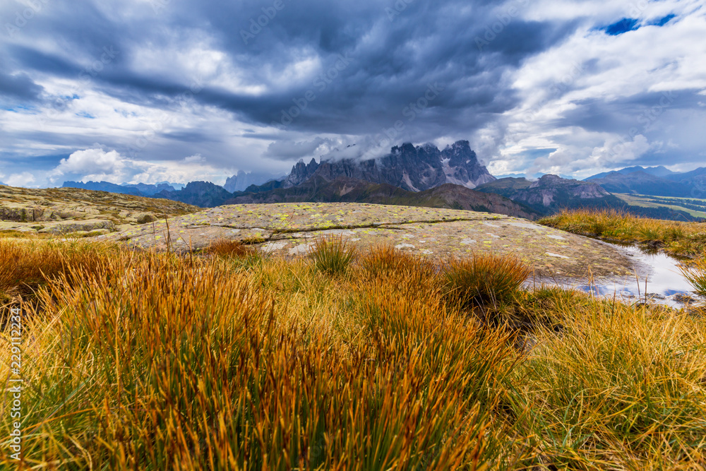 Beautiful cloudscape and rain clouds in the Dolomite Alps in summer