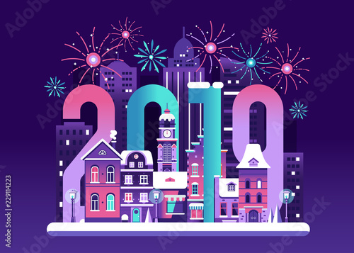 2019 New Year Eve card with europe winter night city and fireworks. Snowy Christmas street flat landscape with colorful european houses and New Year decorations.