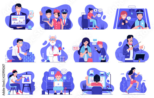 Concept user experience illustrations for web and applications with modern IT people using technology devices and gadgets. Internet marketing and advertising spot illustration set in flat design.