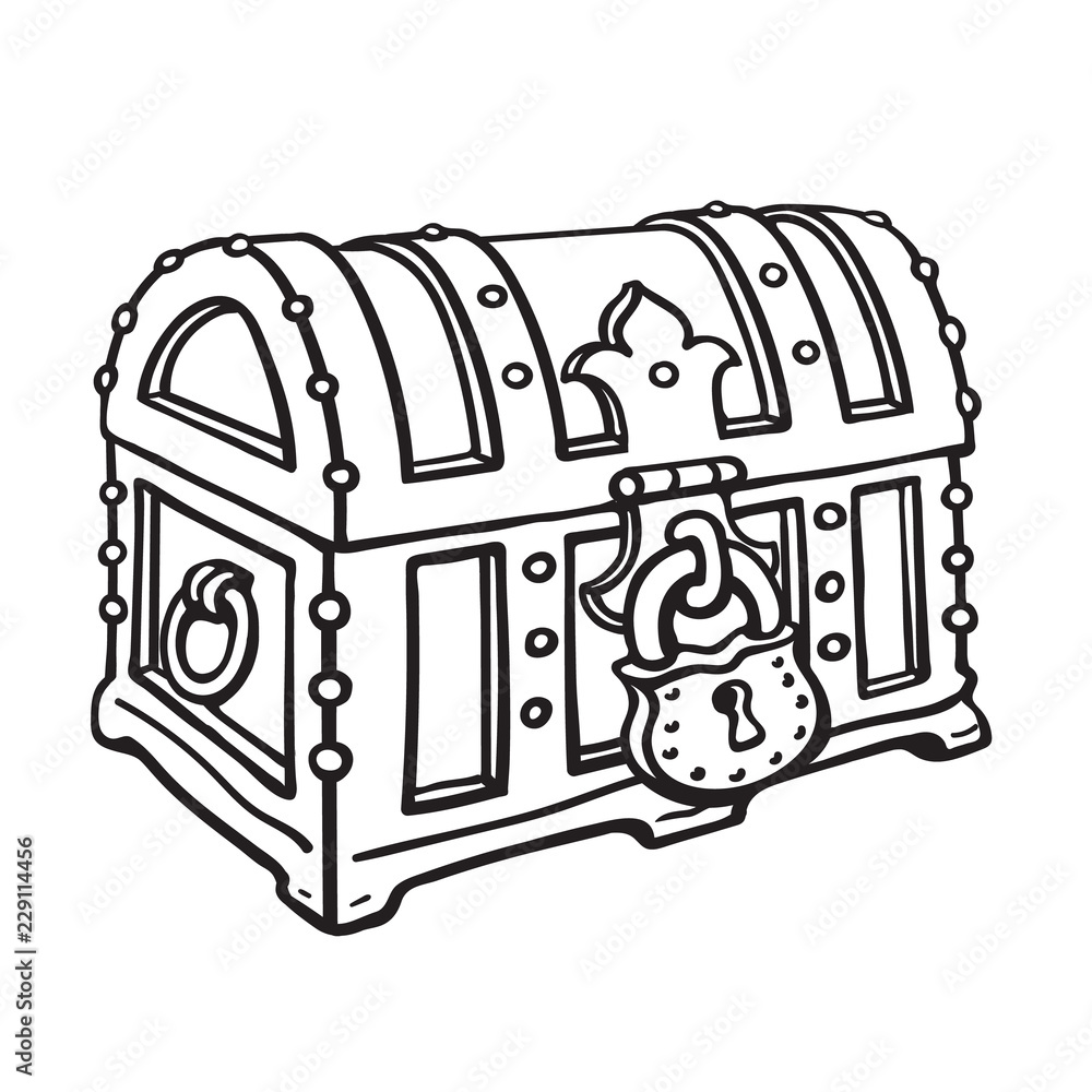 Locked pirate treasure chestg. Sketch style hand drawn vector ...