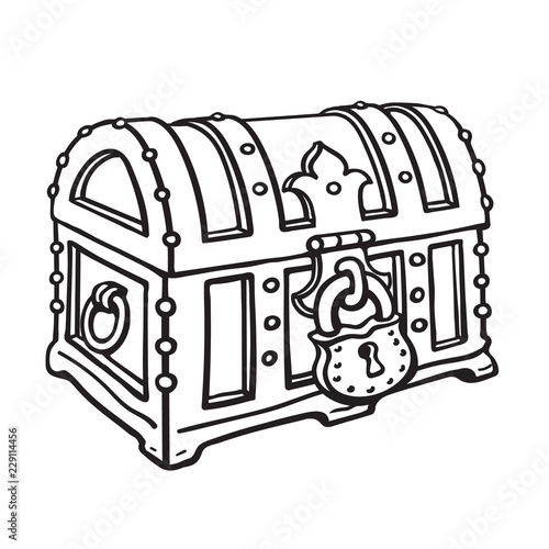 Locked pirate treasure chestg. Sketch style hand drawn vector illustration.