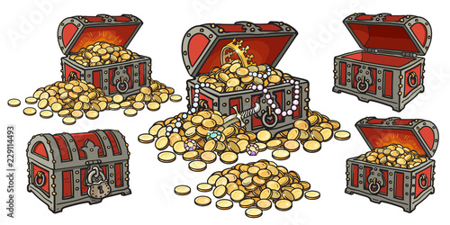 Cartoon set of pirate treasure chests open and closed, empty and full of gold coins and jewelry. Pile of golden money. Hand drawn vector illustration.