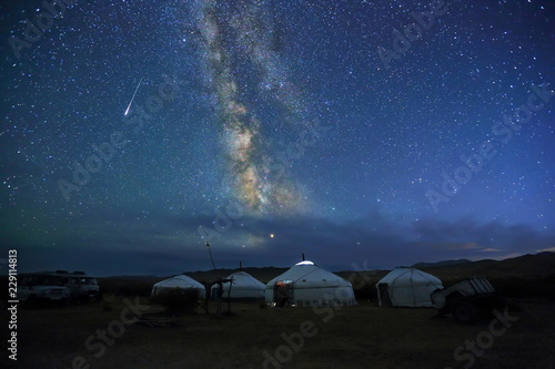 Night scene of the Milky Way over Mongolian yurts,Western Mongolia Fototapet