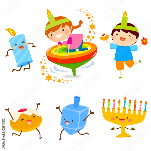 Set of cartoon children and Hanukkah symbols