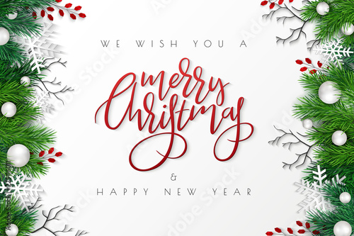 Vector illustration of greeting banner template with hand lettering label - merry Christmas - with realistic fir-tree branches,, snowflakes, and decorative bead branches