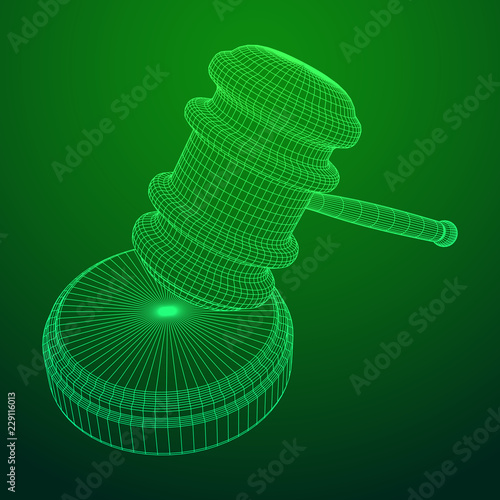 Gavel, hammer of judge or auctioneer. Wireframe low poly mesh vector illustration